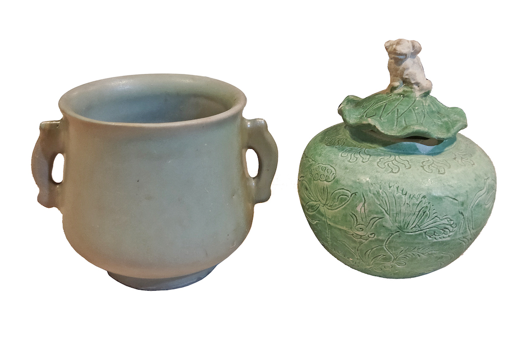 A group of two pieces Chinese green wares consisting of a longquan cencer Song Yuan dynasty and A Late Ming incised decorated jar and cover