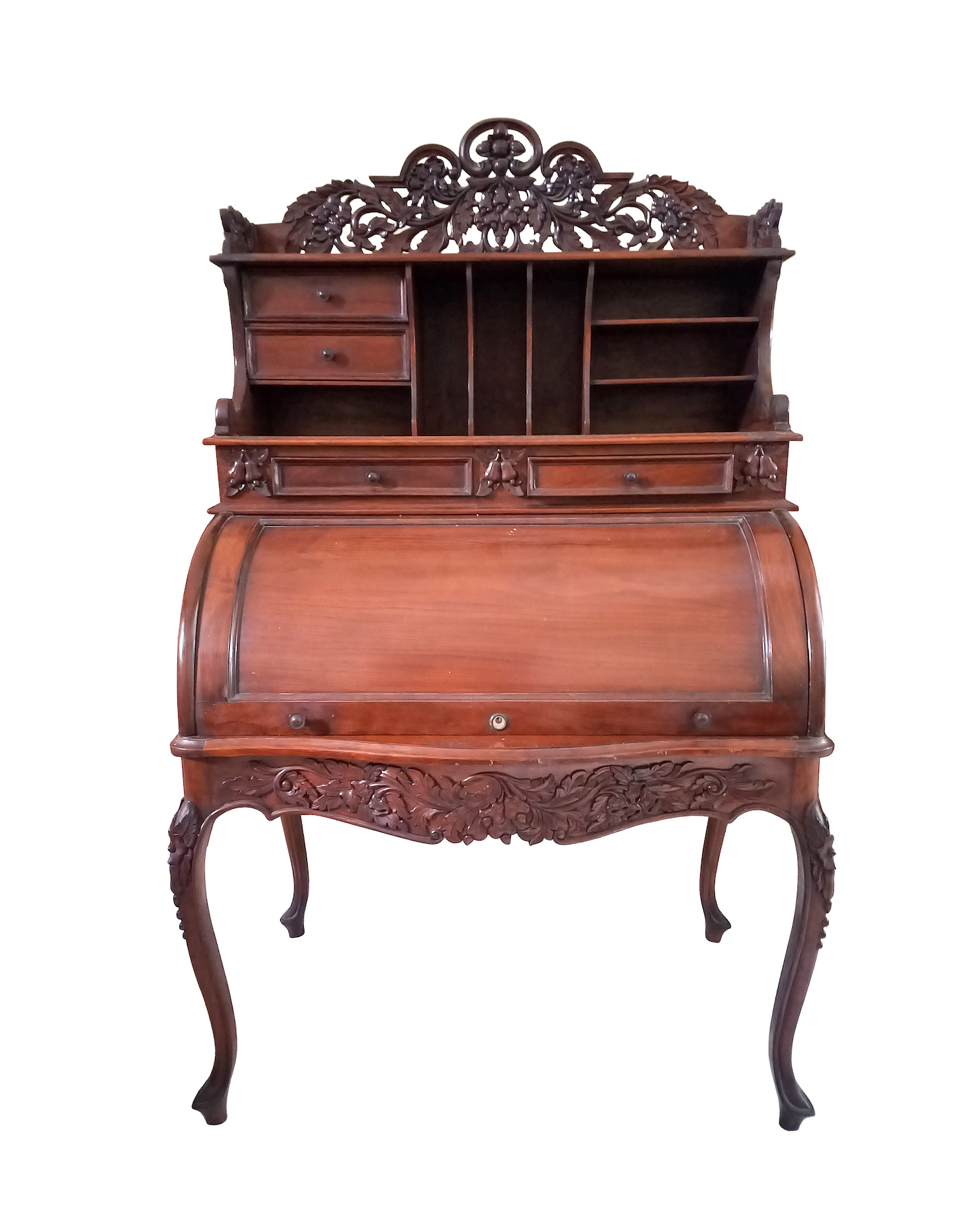 A carved teak drop down door writing desk