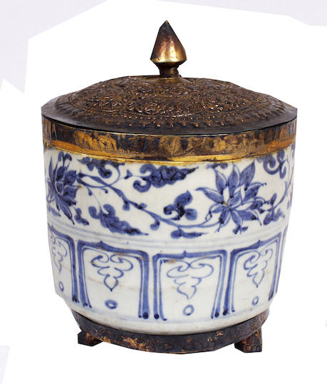 A Yuan blue and white covered jar (top part reduced and replaced by gilt metal)