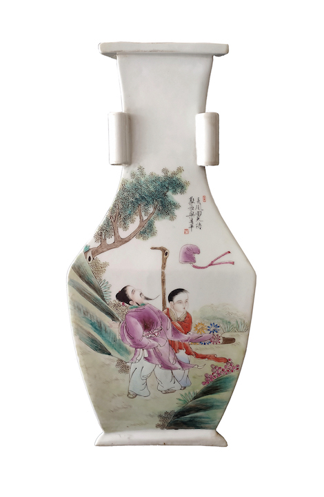 A 20th century Chinese triangle vase painted with figures and calligraphy