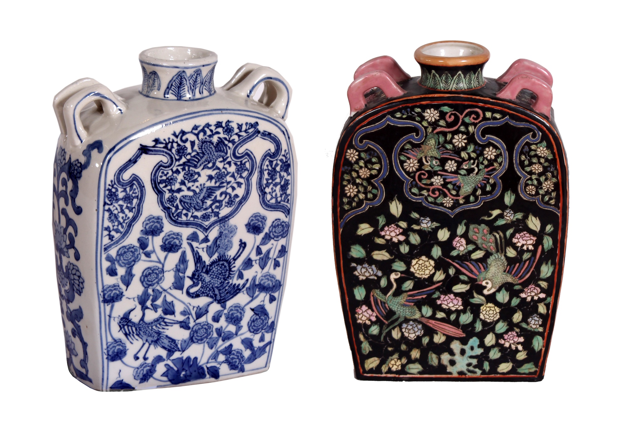 Two pieces modern Chinese moon flasks blue and white and famille rose