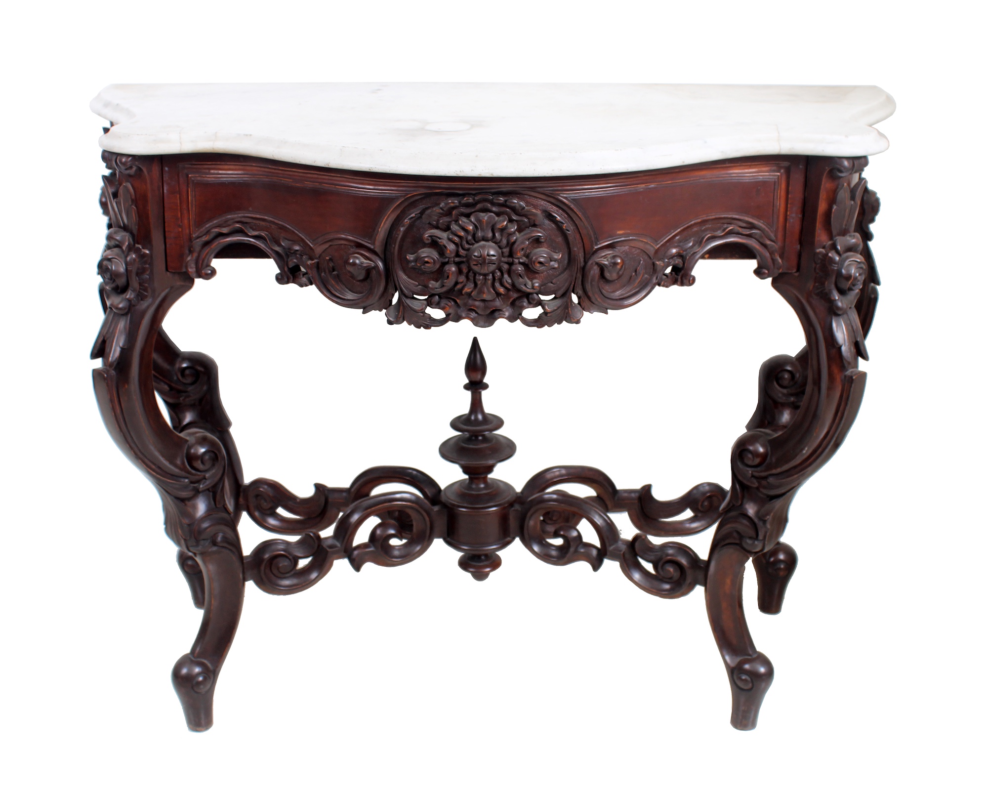 An early 20th century carved teak console table with marble top
