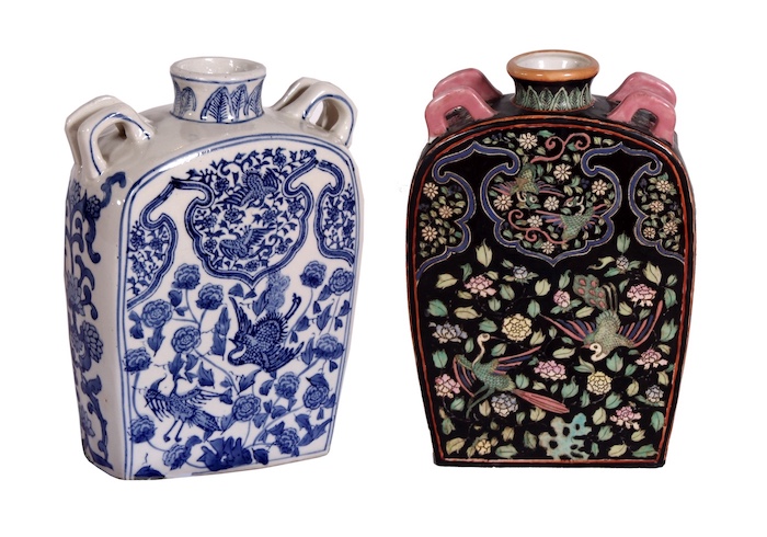 Two pieces modern Chinese moon flasks blue and white and famille rose