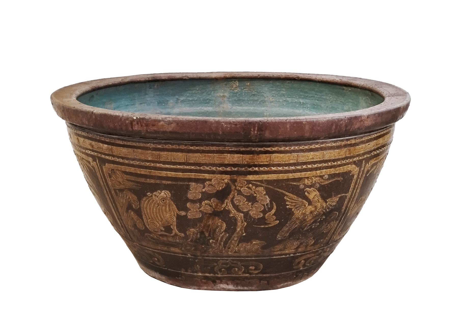 A 19th - 20 th century Chinese stoneware large oval water jardiniere decorated with floral in yellow ochre