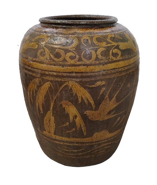 A 19th - 20th century Chinese stoneware storage jar decorated with birds and floral in yellow ochre