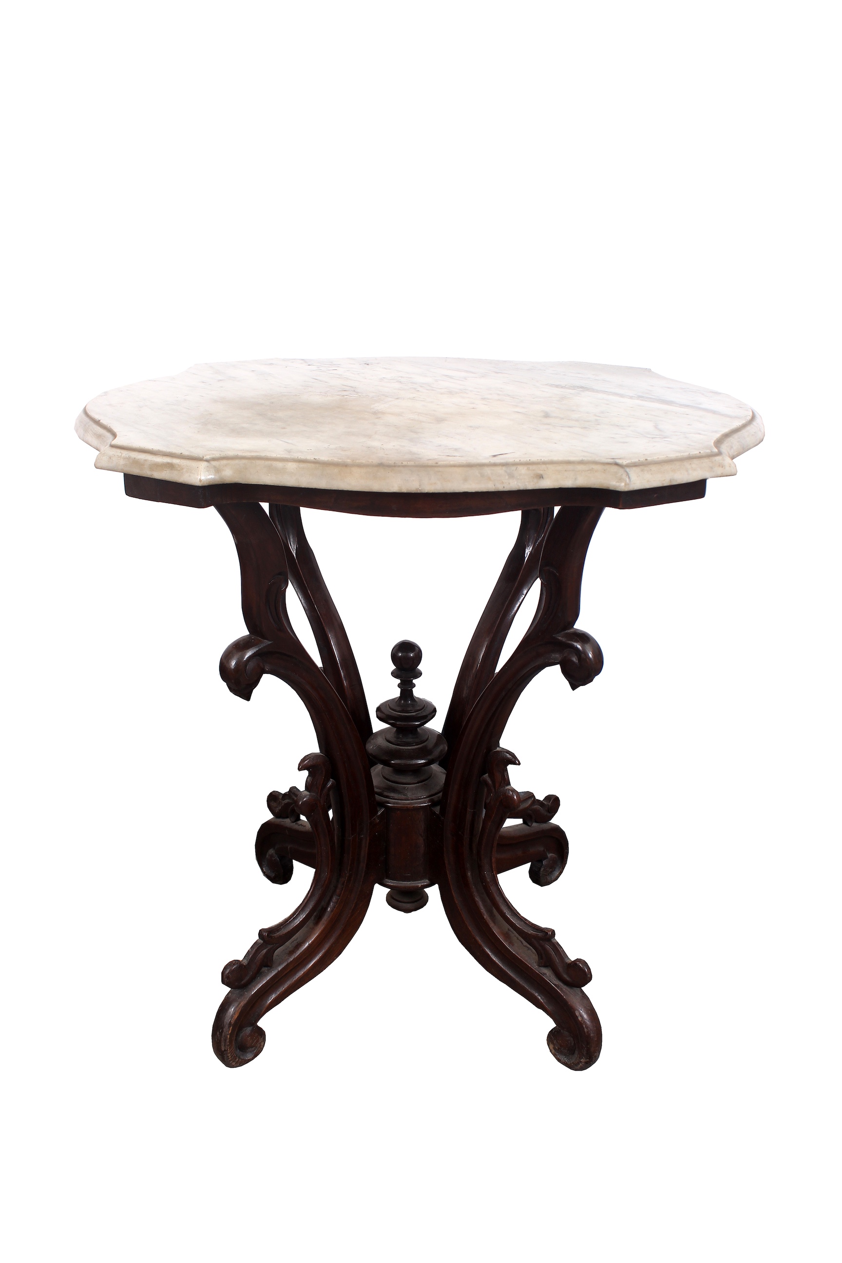 A 19th - 20th century carved teak table with tortoise shape marble top