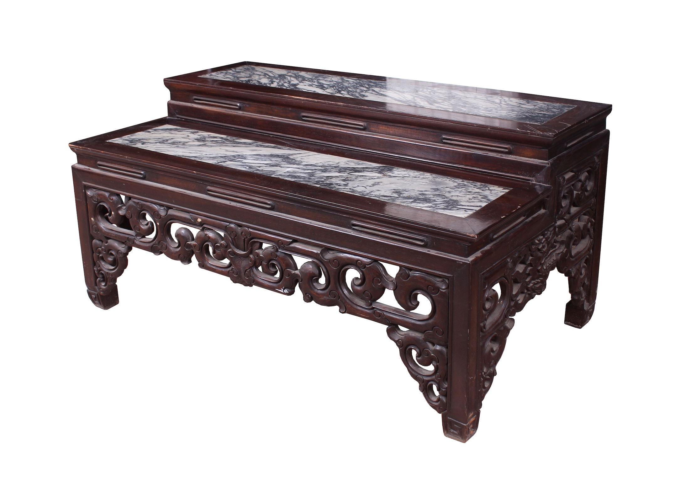 A Chinese carved teak altar tables with marble top 