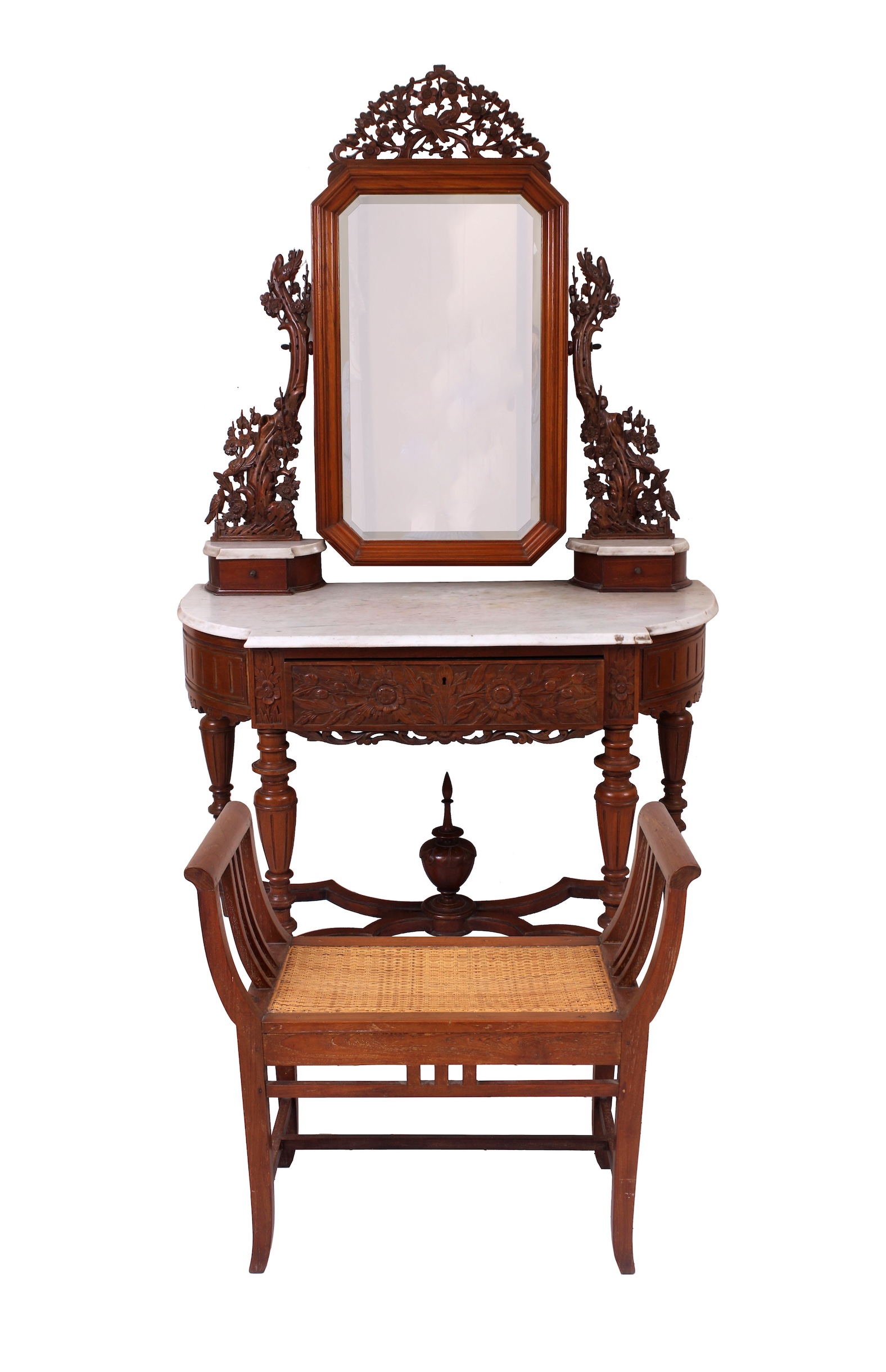 A set of 19th to early 20th century carved teak dressing table and stool