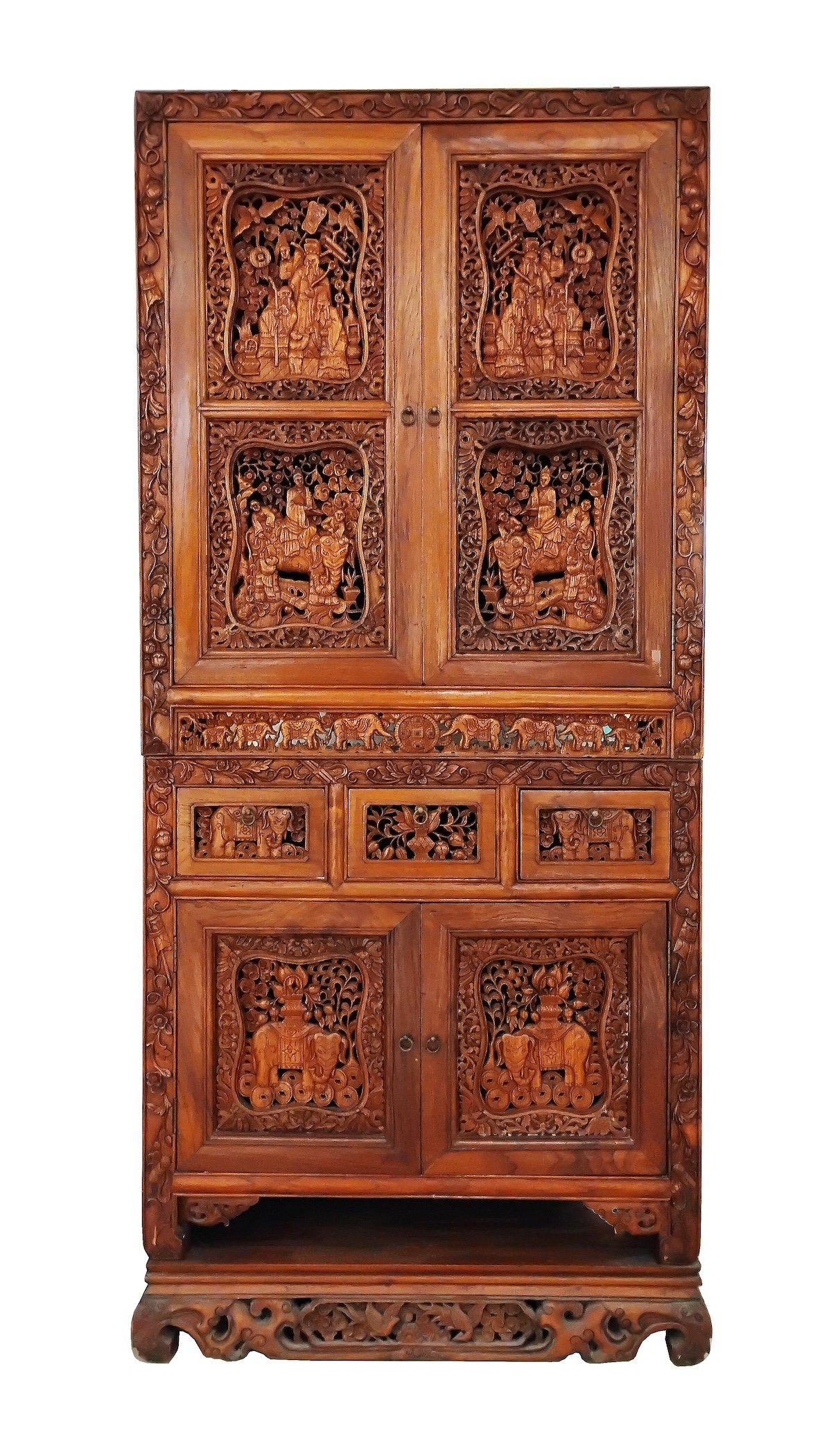 A 20th century peranakan Chinese cuiho style three tier cabinet with figure and elephant motifs