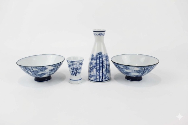 A group of four Japanese blue and white consisting of two bowls, a bottle and a cup