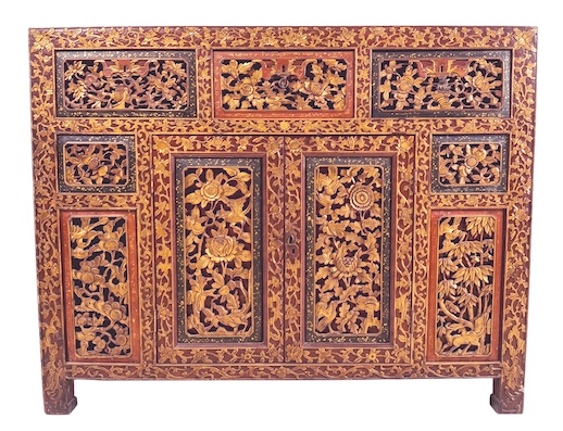 A 19th early 20th century peranakan Chinese carved red and gold sideboard