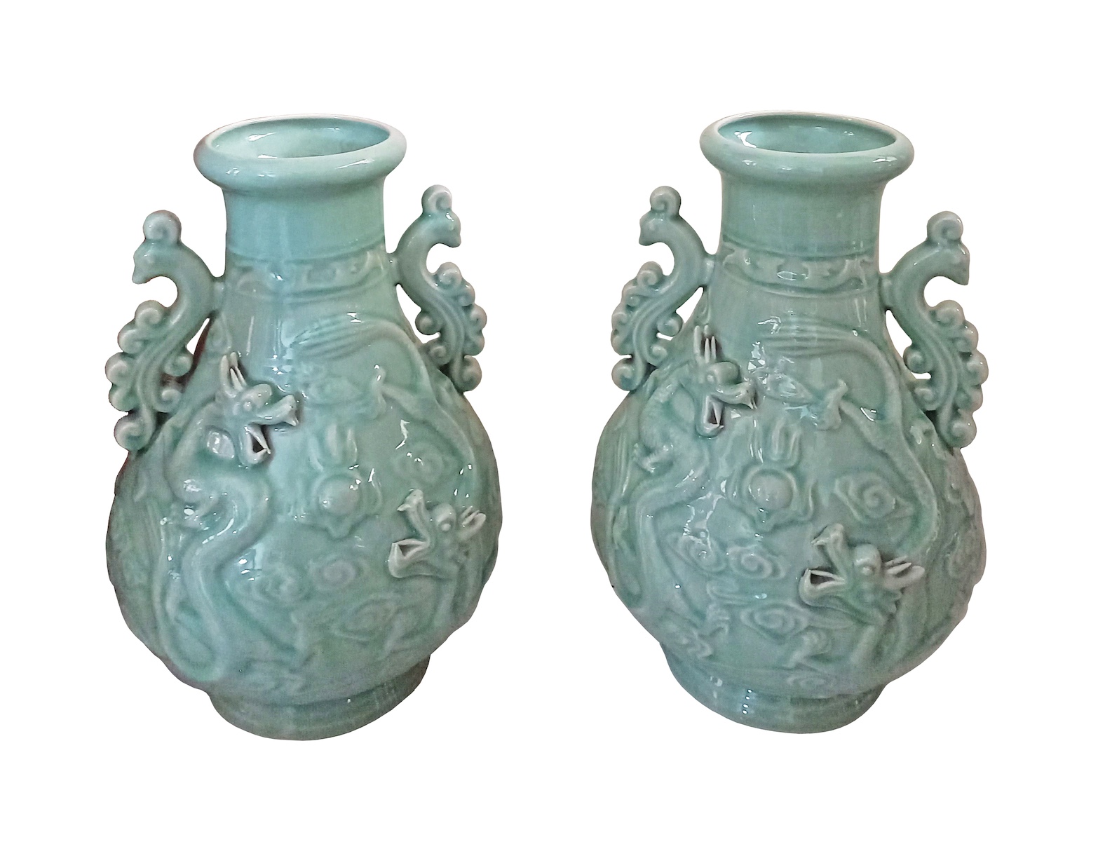 A pair of Chinese modern celadon dragon vases