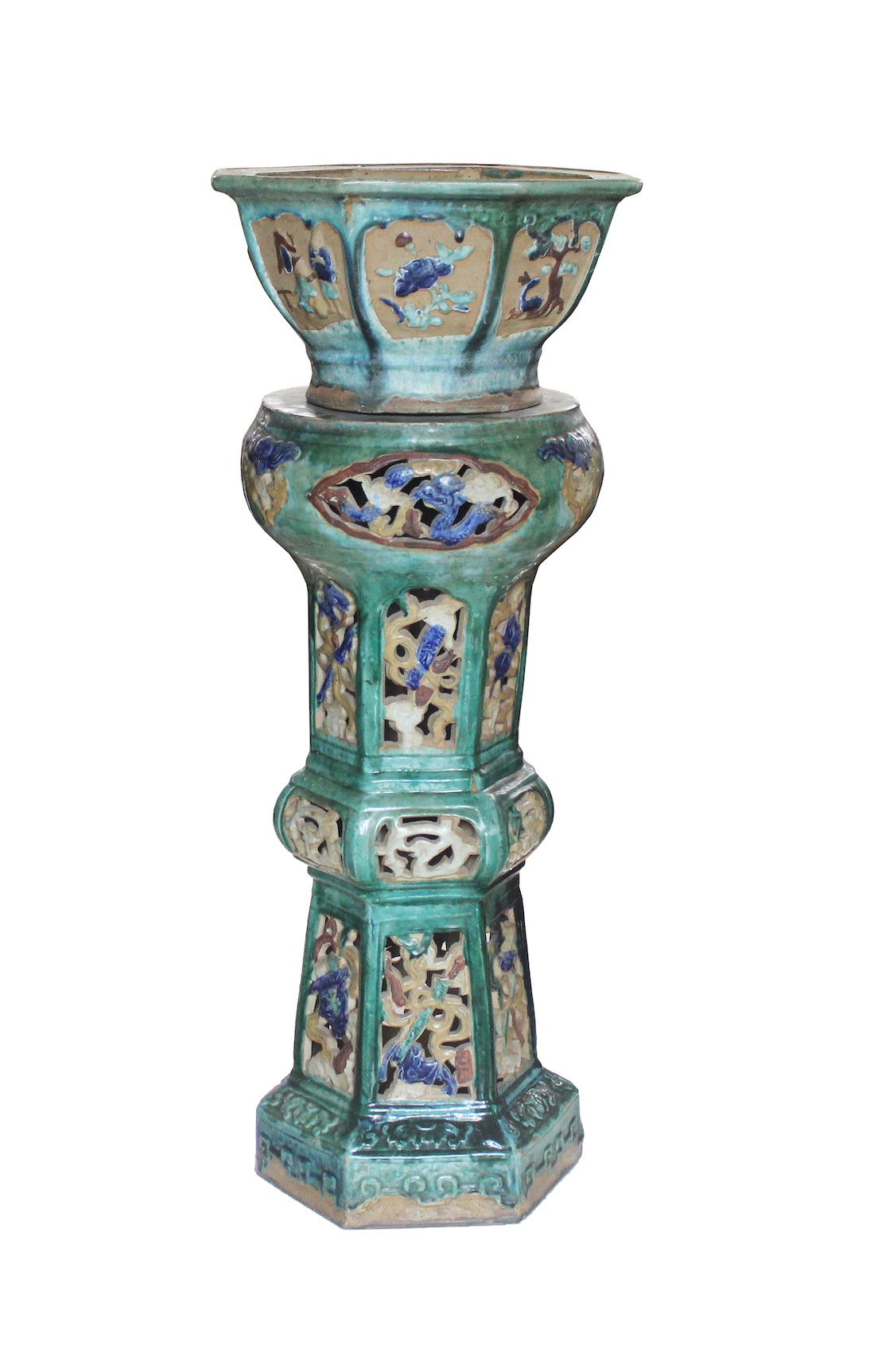 A Late Qing 19th century Shiwan green glazed pot and stand