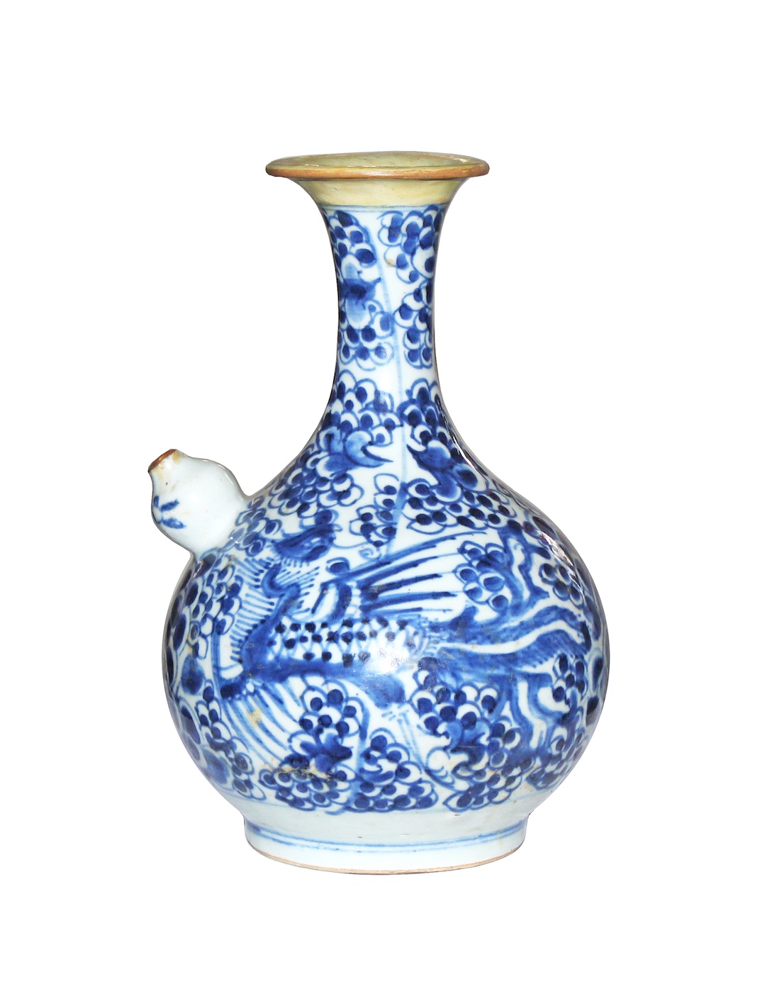 A Qing 18th century blue and white kendi with phoenix and peony