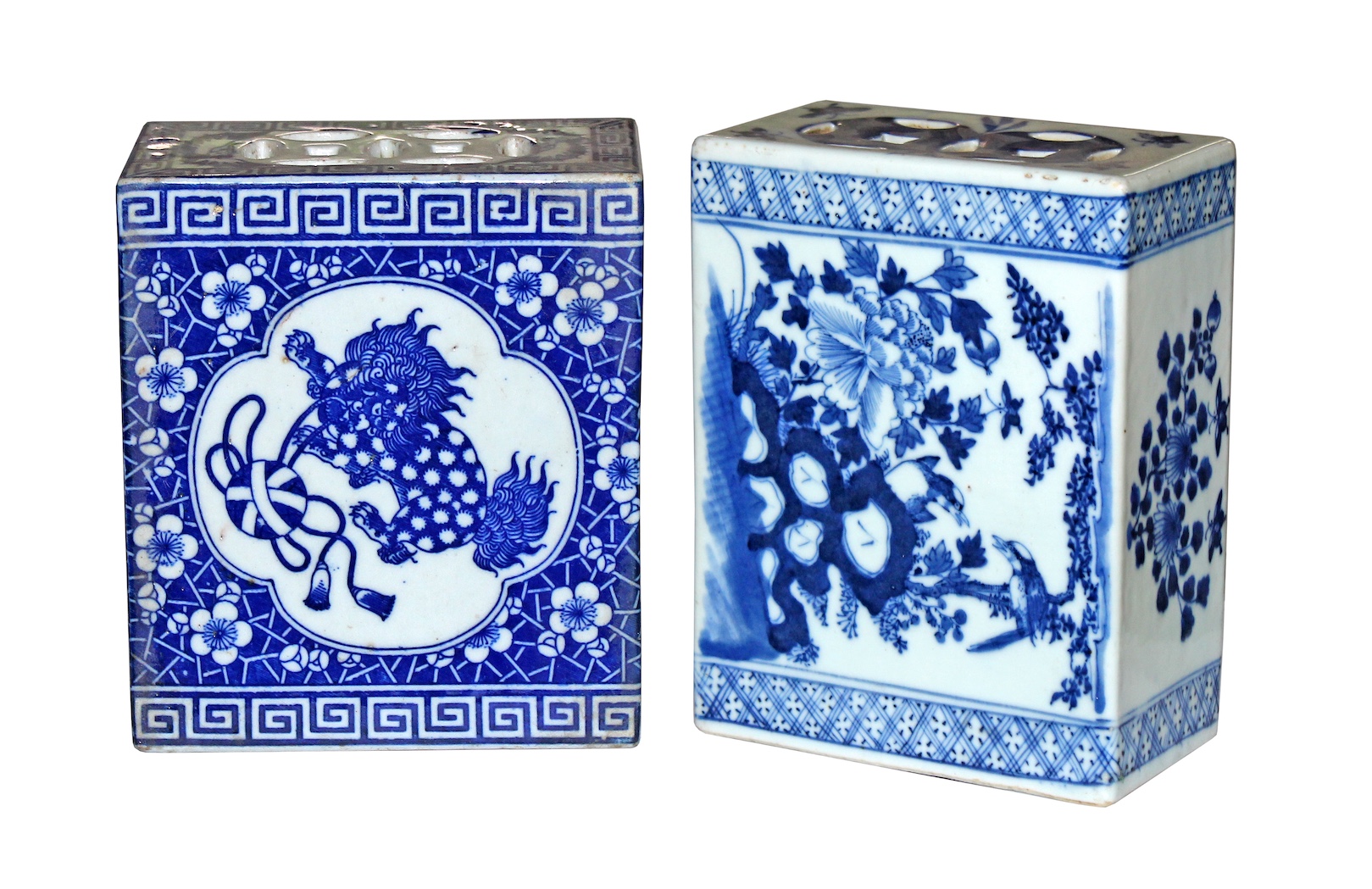 A 19th early 20th century Japanese transfer printed blue and white pillow and A 19th century Chinese blue and white floral and birds pillow