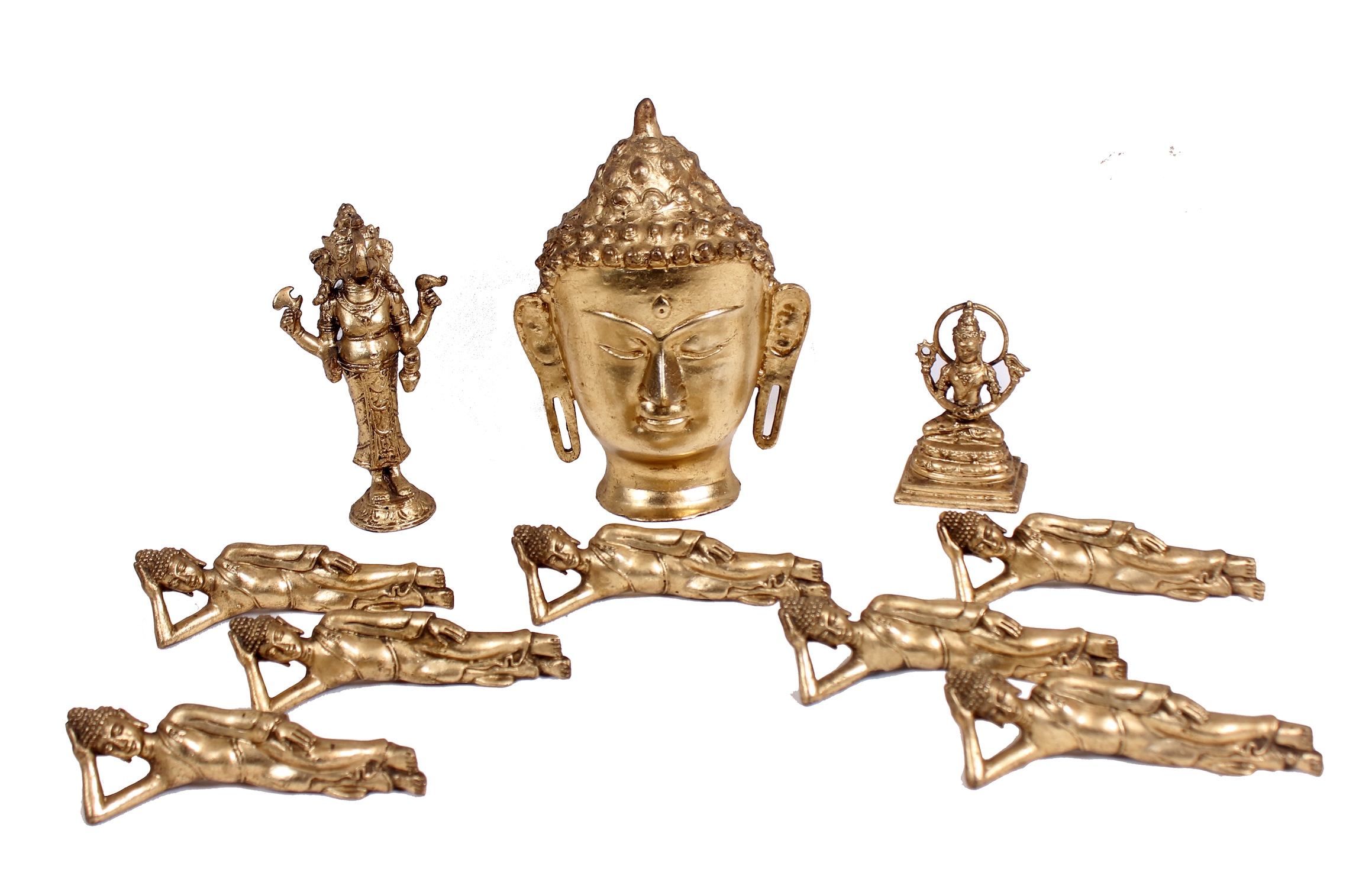 Ten pieces brass figurines of sleeping Buddha and three pieces other brass figurines