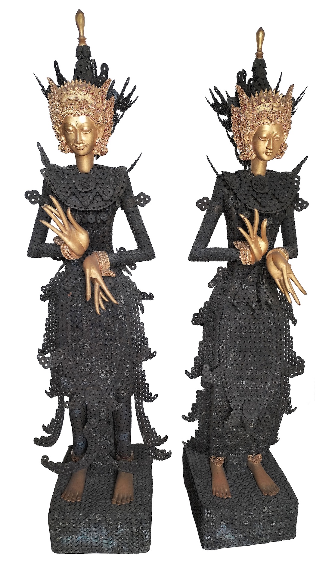 A pair of Balinese kepeng coin standing figurine