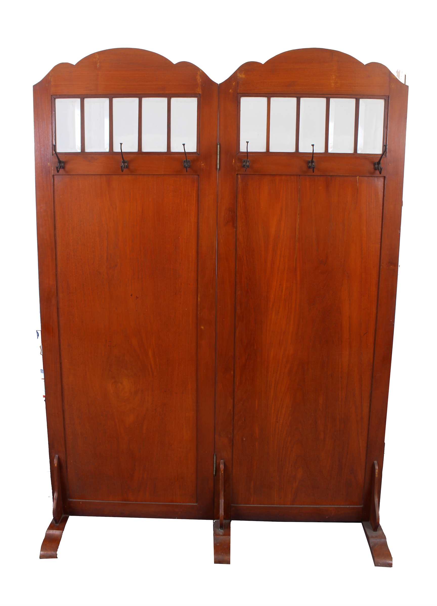 A carved teak devider with panels of glass and cloth hanger circa 1930’s