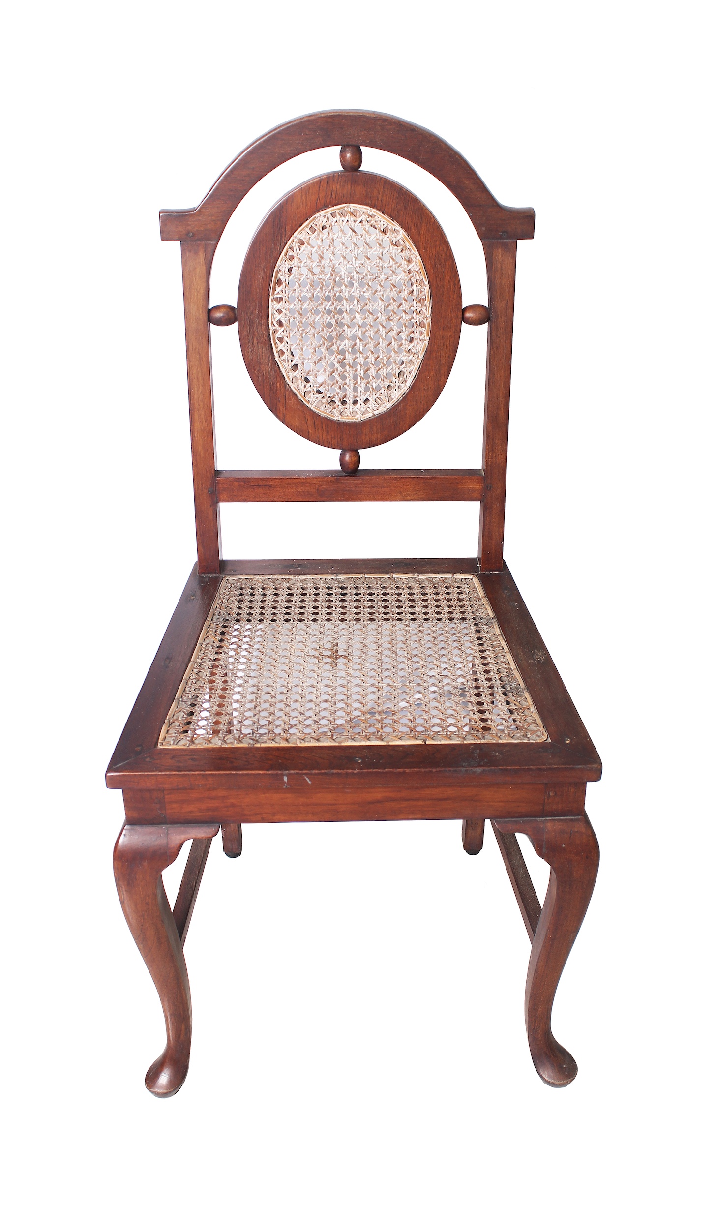 Four pieces of carved teak chairs with rattan seat and back