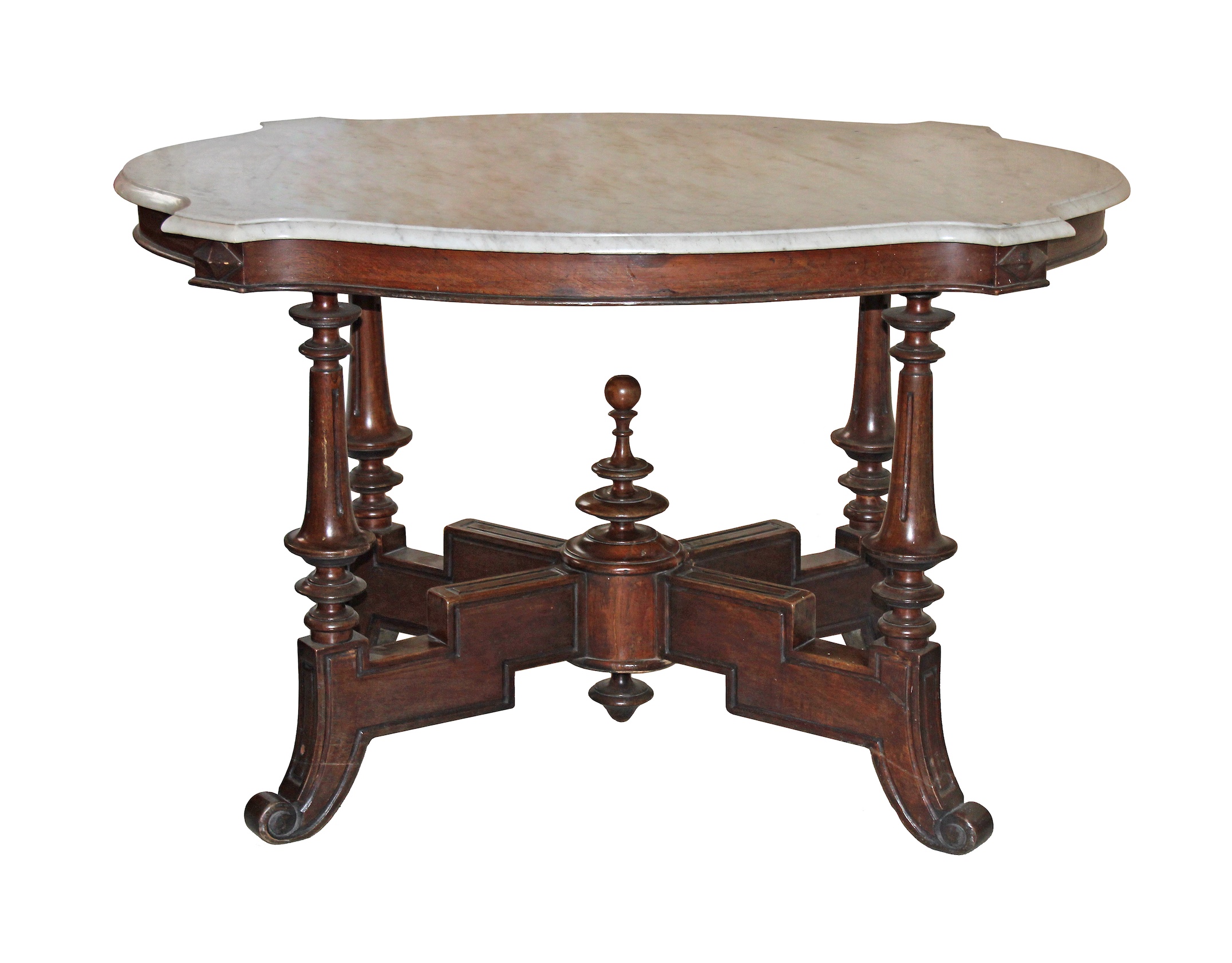 A late 19th early 20th century carved teak table with marble top in the form of tortoise