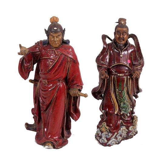 Two pieces of modern Chinese Shiwan figurines standing with sang de boeuf glazed