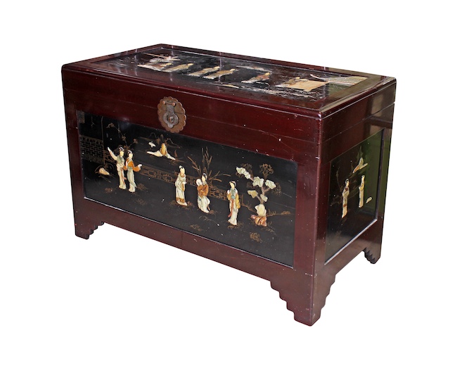 A 20th century Chinese chest with figures in the garden on front part