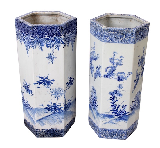 A pair of 19th early 20th century Japanese Seto Imari hexagonal blue and white umbrella holder