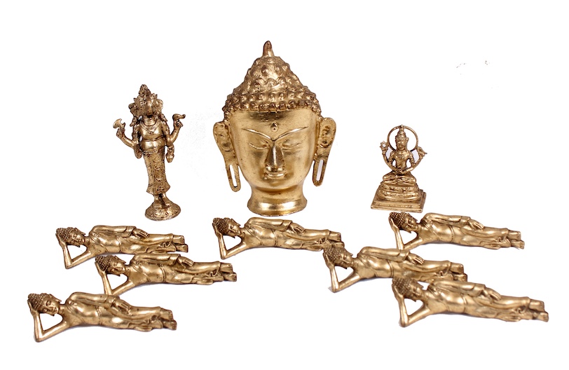 Ten pieces brass figurines of sleeping Buddha and three pieces other brass figurines