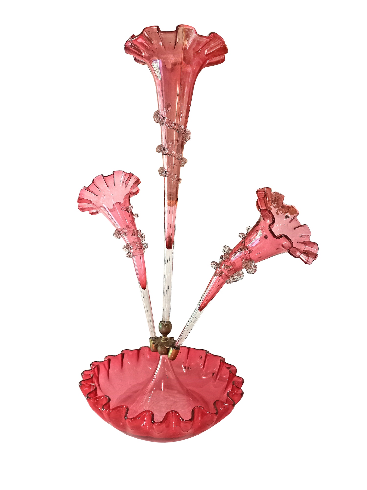 A late 19th - early 20th century European cranbarry glass epergne