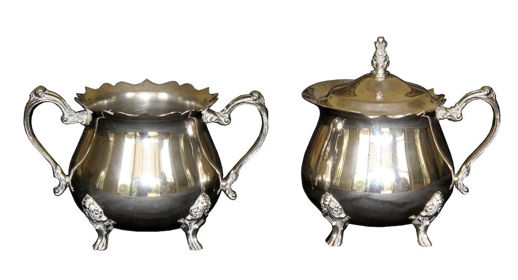 Silver plated sugar and mustard pots with lids, stamped Ecstasy AHP.