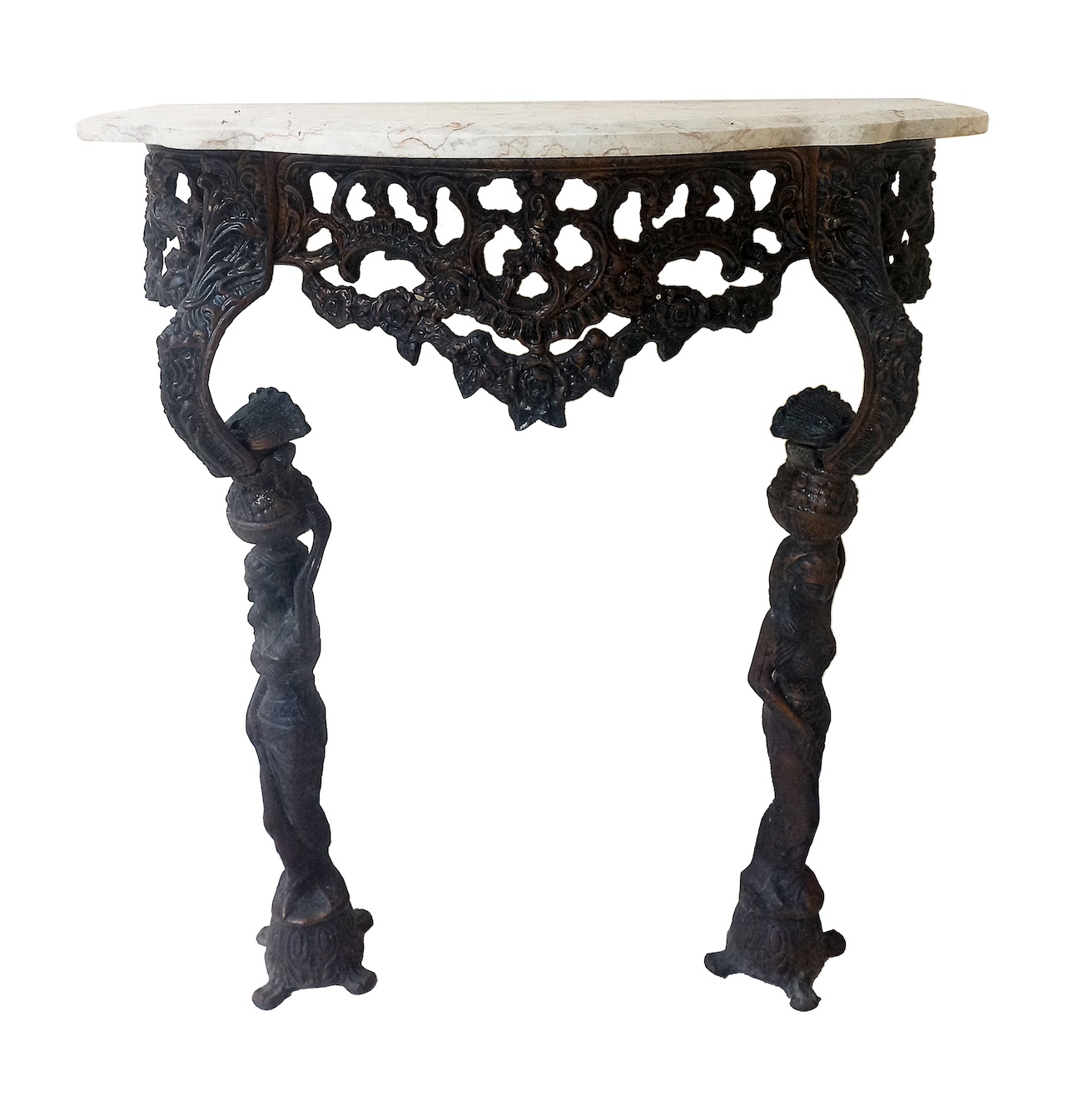An iron cast side table with marble top
