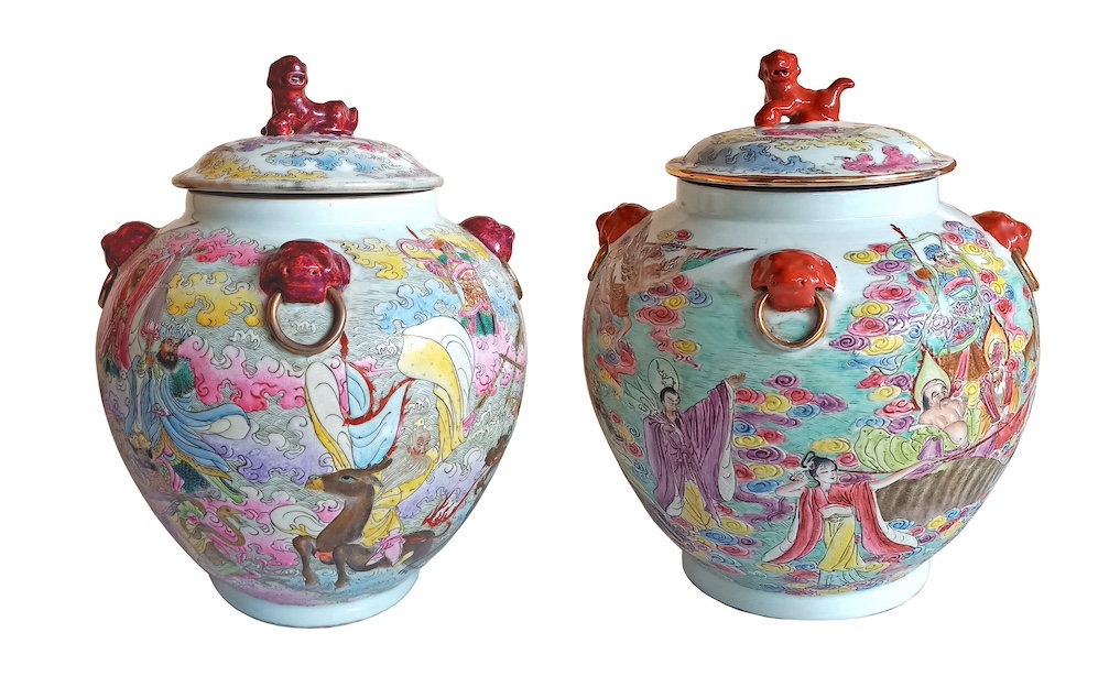 A pair of Chinese famille rose covered jars painted with Chinese legend story