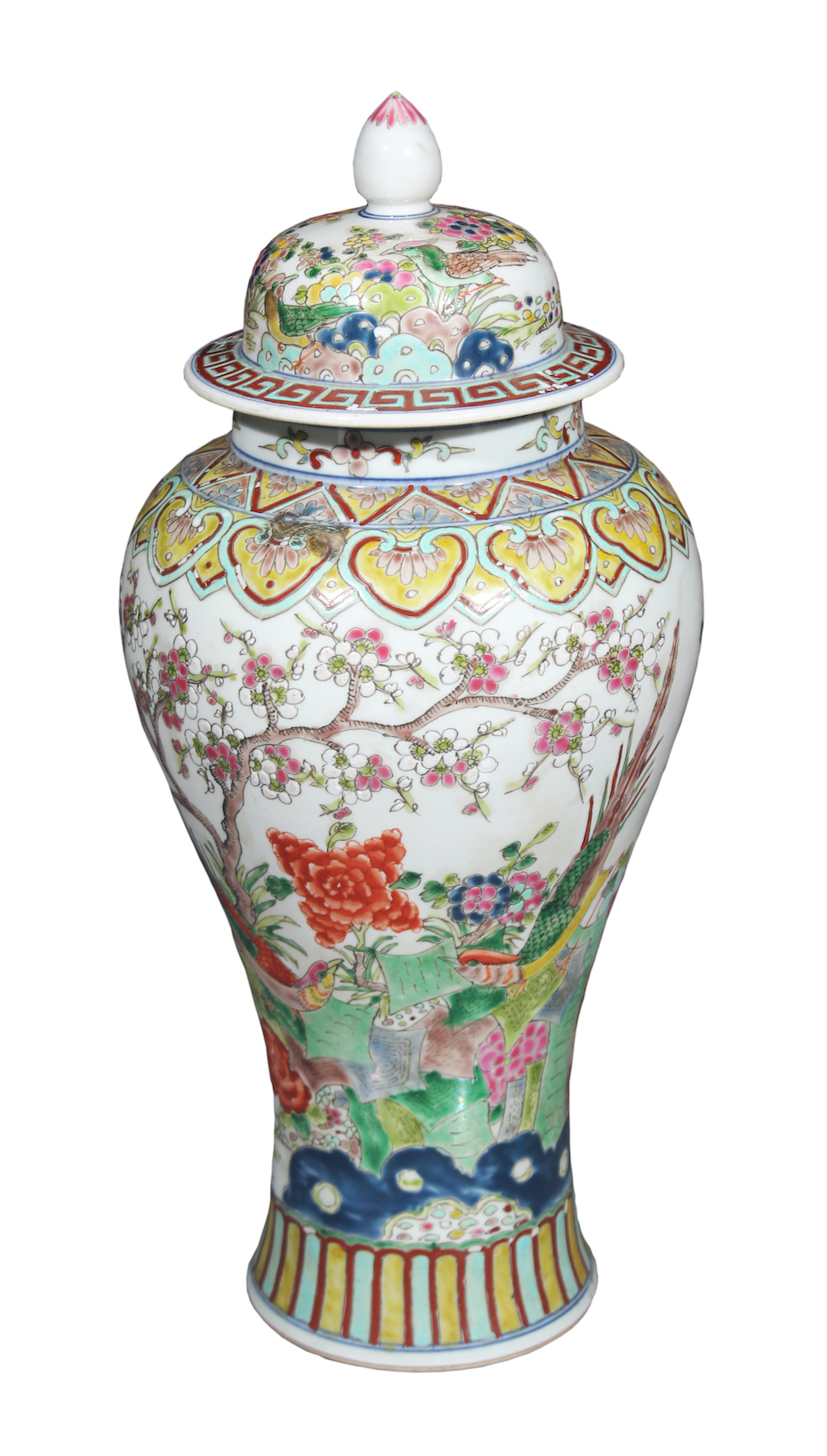 A vintage Chinese covered jar painted with birds and flowers