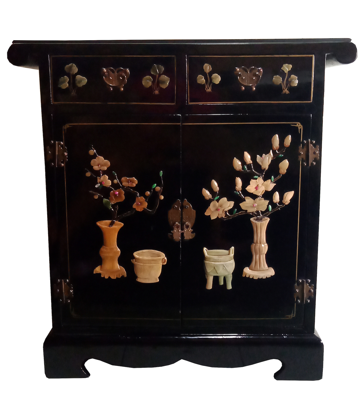 A vintage Chinese black laquer cupboard decorated with soapstone