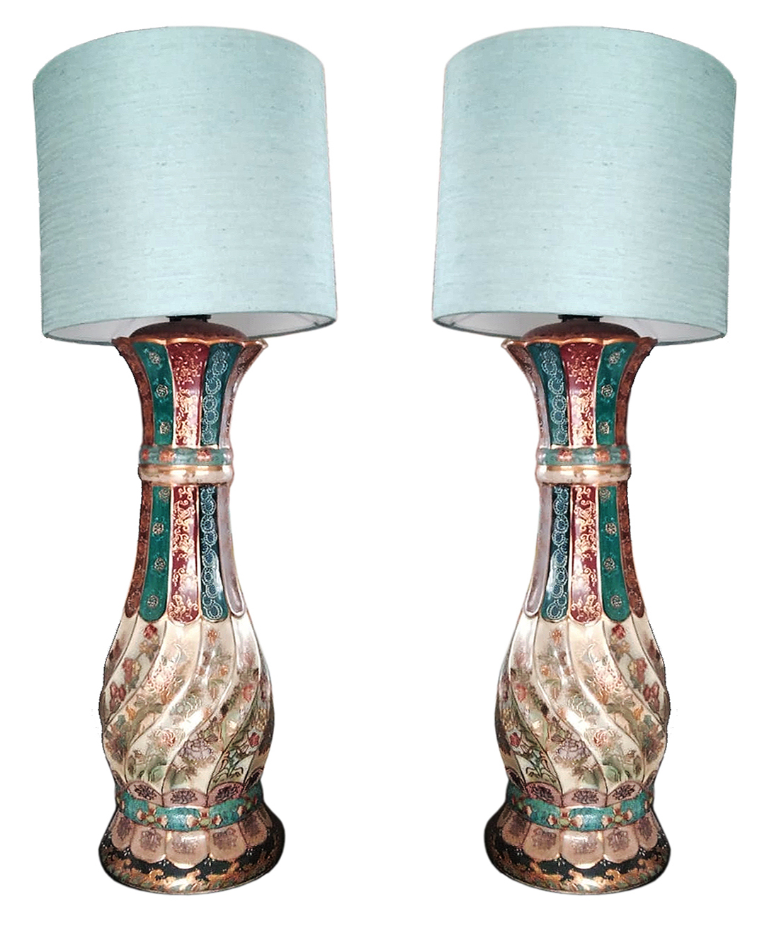 A pair of table lamps with ceramic vase stands and lamp shades