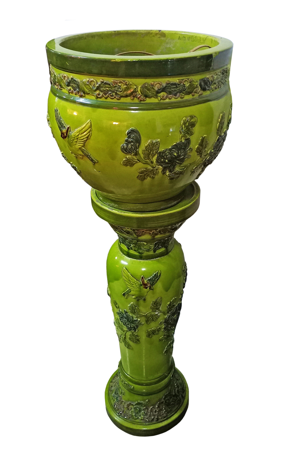 A majolica polychrome ceramic pot and stand