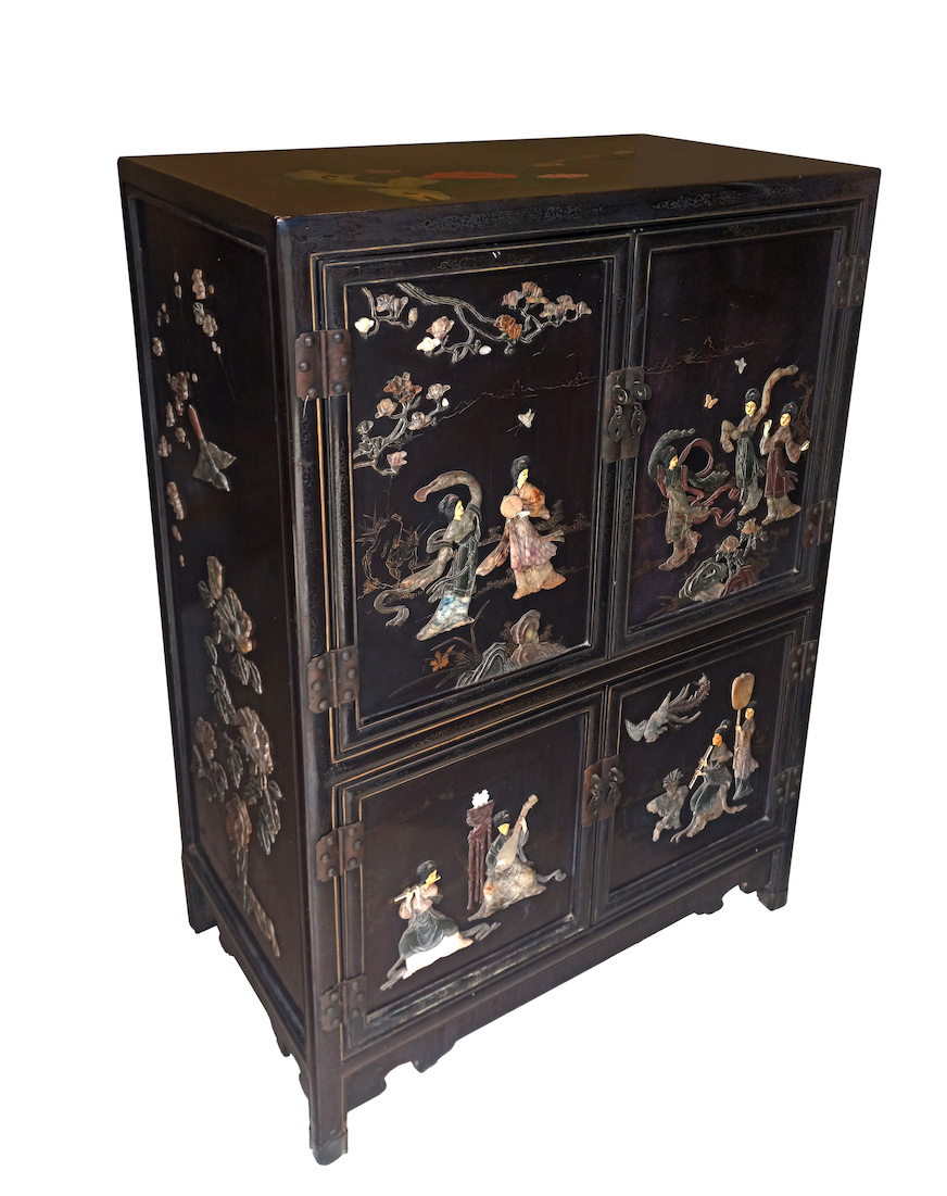 A Chinese black laquer cabinet decorated with stone ornament circa 1970’s