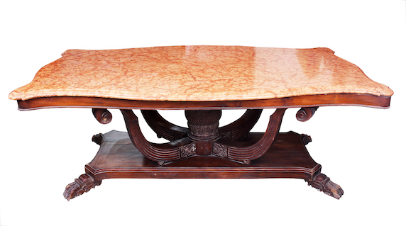 A vintage carved teak tortoise form large table with marble top