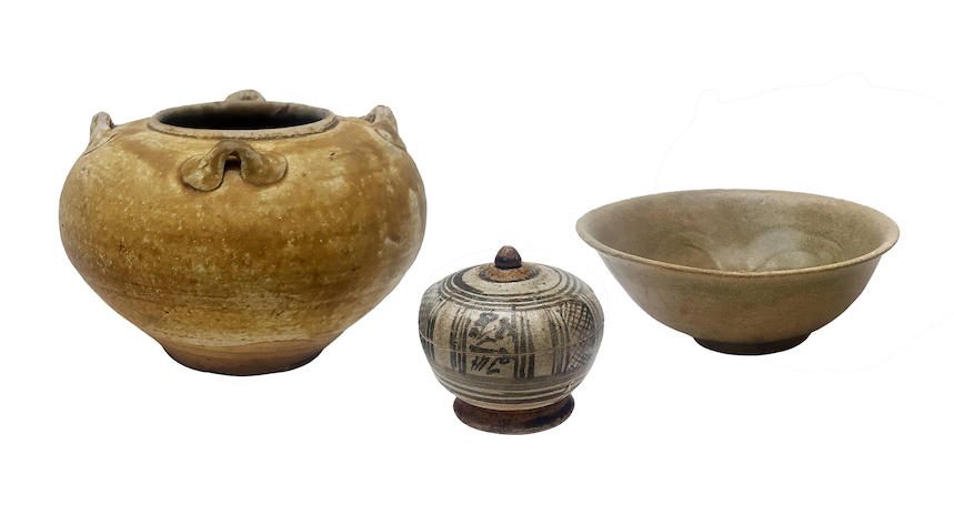 A group of three Ceramics consisting of a 14th - 16th century Thai Sawankhalok covered bowl, A Chinese celadon crackle glazed bowl Song- Yuan period and a stoneware jar with four loophandles Song-Yuan periode