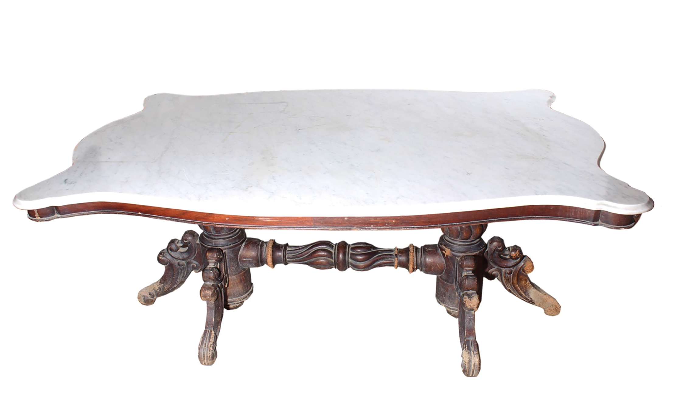A 20th century carved teak table with marble top in the form of tortoise