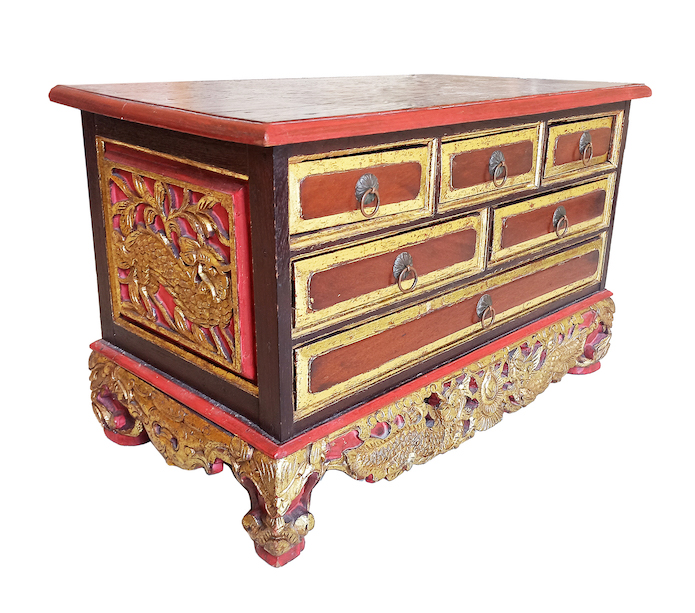 A late 19th early 20th century antique peranakan Chinese red and gold carved chest of drawer made of teak wood in Java