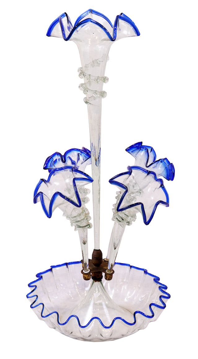A Eroupean glass epergne clear glass with blue rim circa 1950’s