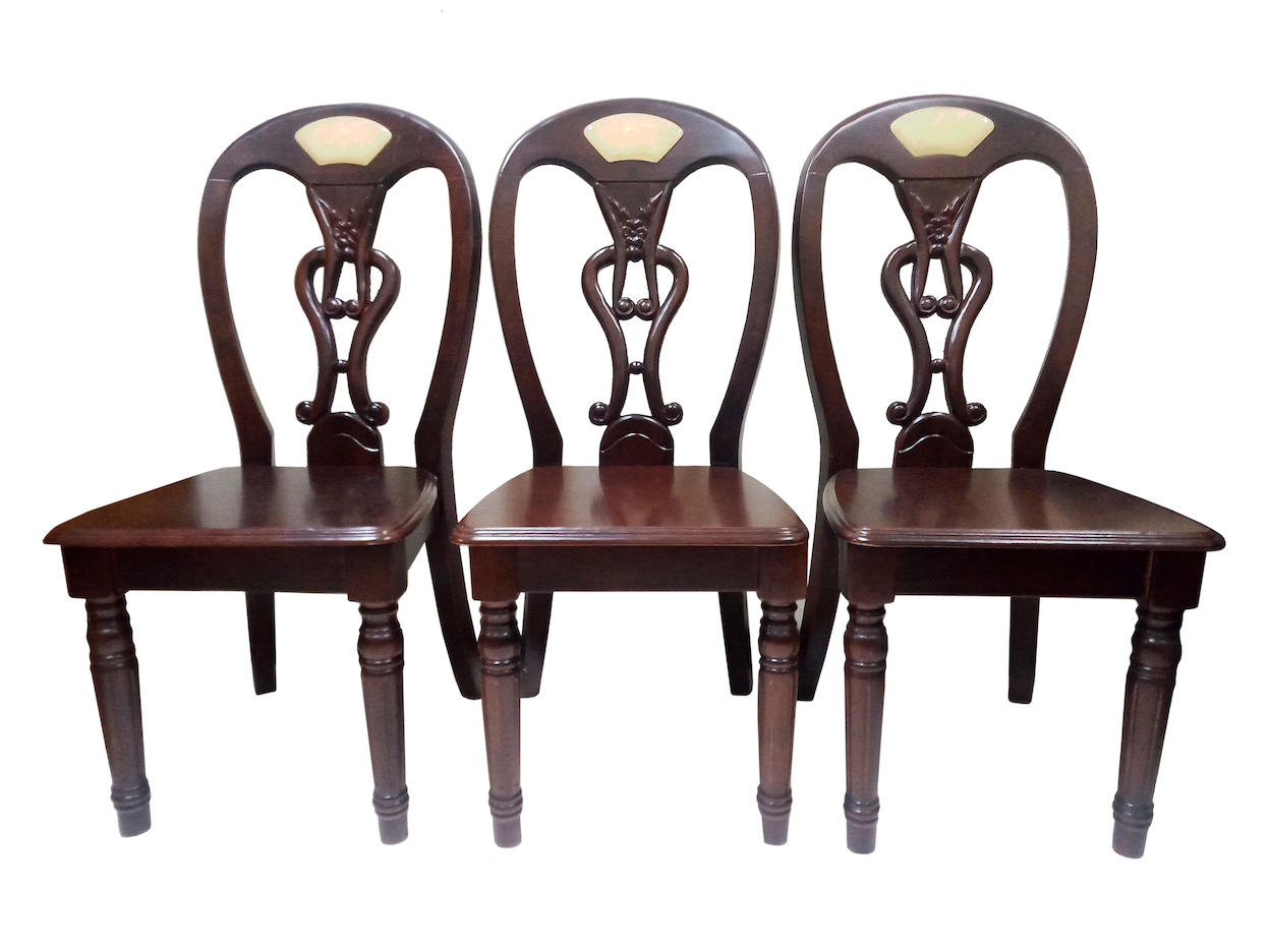 A set of six of 20th century carved teak wood side chairs for dining table with marble inset