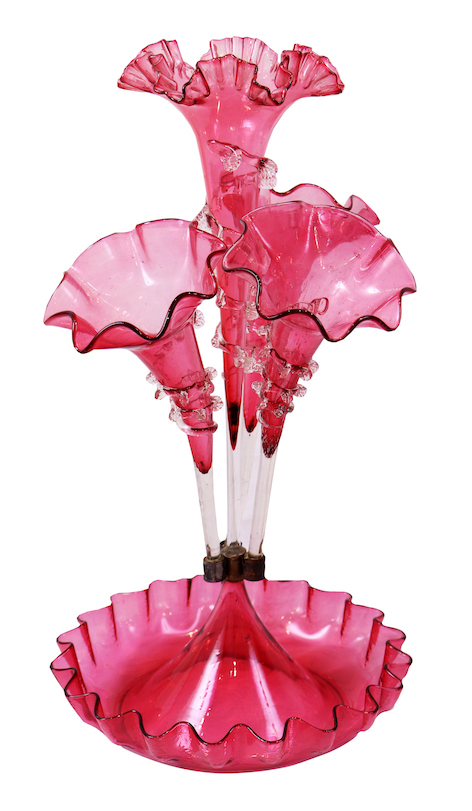 A late 19th - early 20th century European cranbarry glass epergne