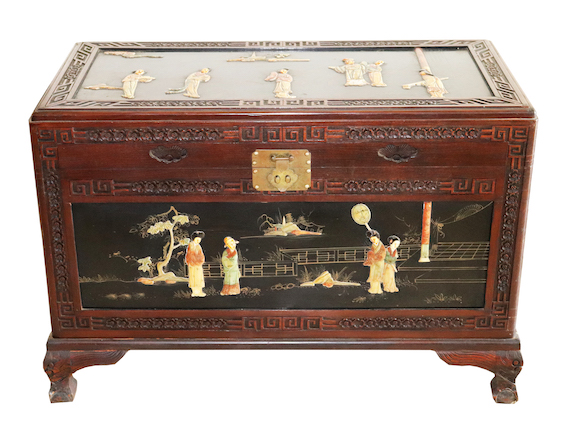 A 20th century vintage Chinese camphor wood chest decorated with figures in soapstones