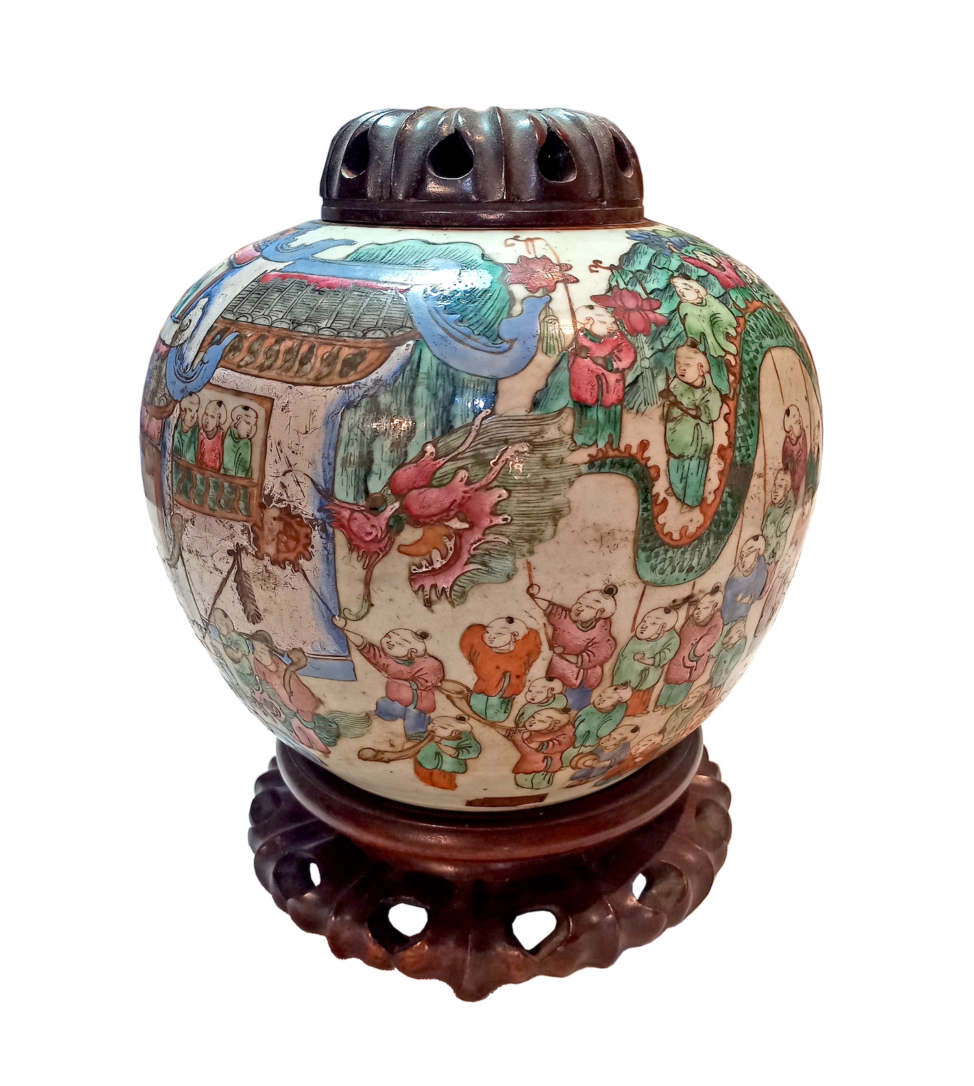 A Late Qing Chinese famille rose jar painted with boys at play