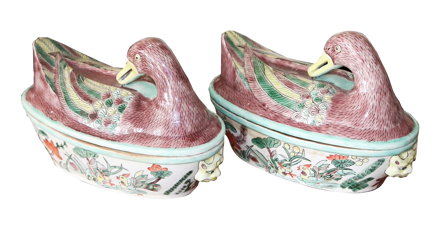 A pair of Chinese aubergine famille rose enamel ducks soup bowls with covers circa 1980’s