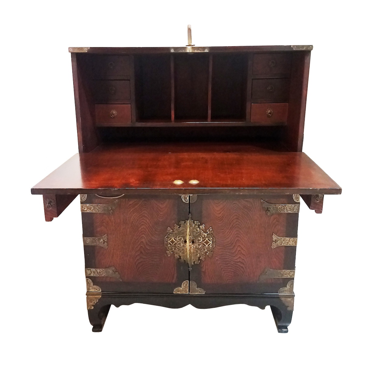 A Korean style folding writing desk with brass ornaments 