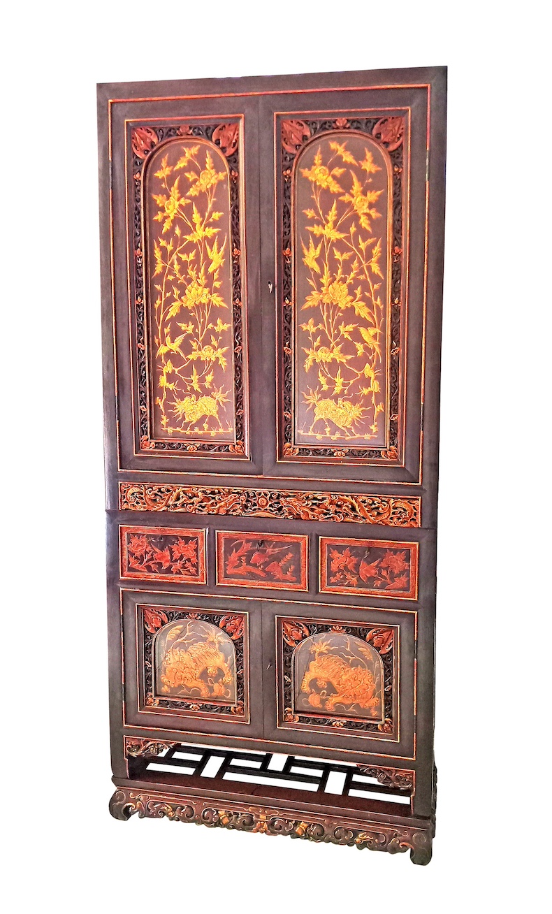 A late 19th century peranakan Chinese carved teak brown and gold tiered cabinet and stand (Cuiho)