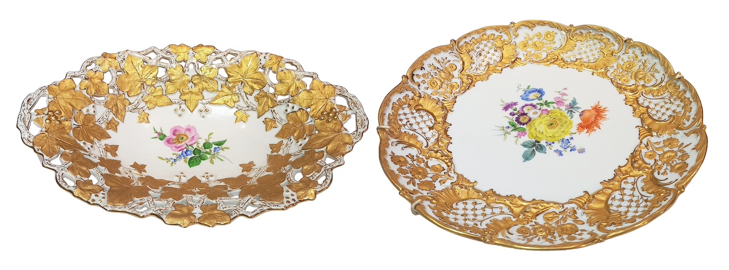 Two pieces of German Meissen Bauch polychrome plates with gilt ornaments